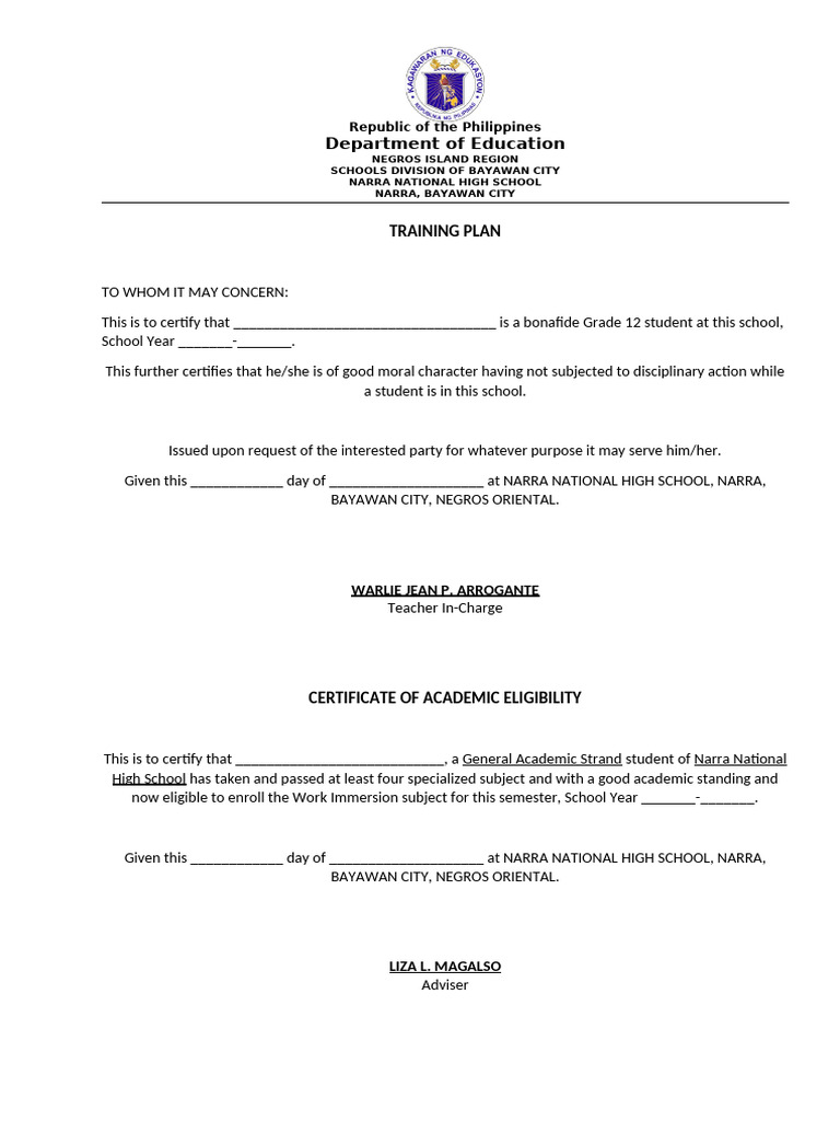 Work Immersion Completion Certificate | PDF