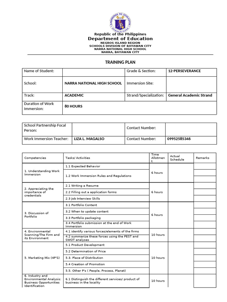 Work Immersion Training Plan | PDF