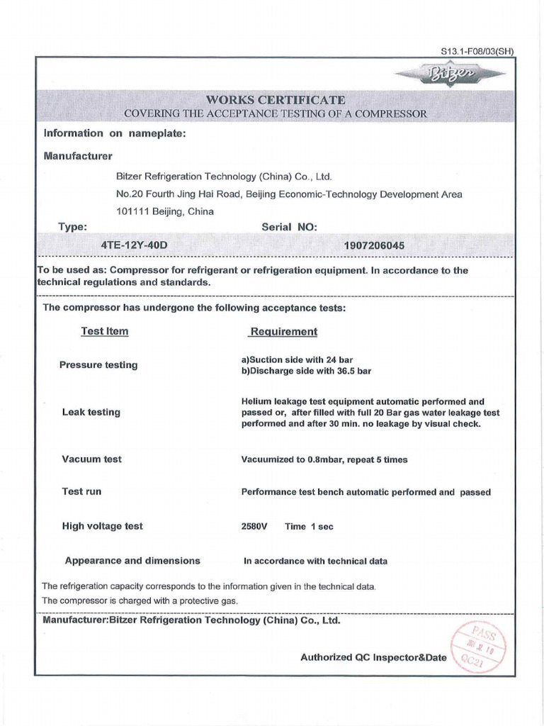 BITZER Compressor Test Certificate - S13.1-F0803 | PDF