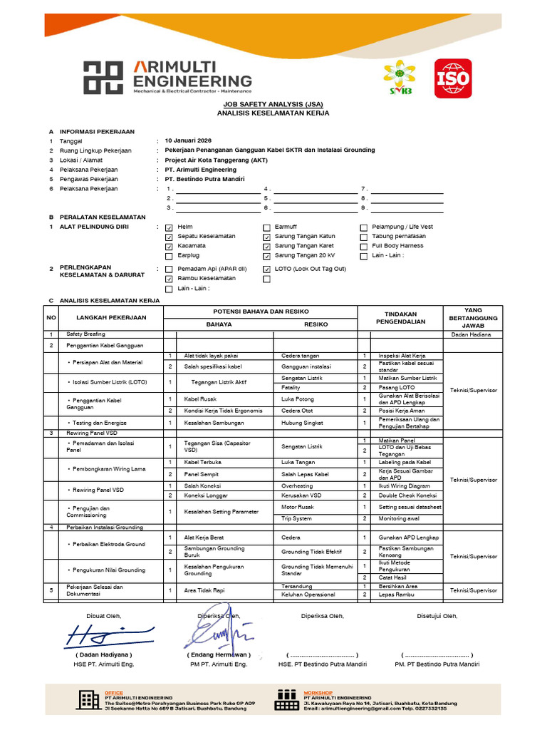 JSA Penganganan Gangguan SKTR PT Bestindo Putra Mandiri | PDF