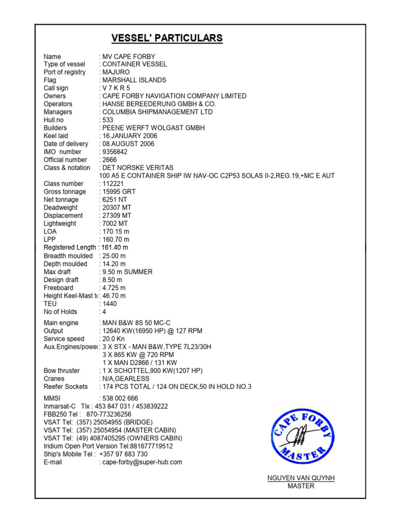 Vessel' Particulars | PDF