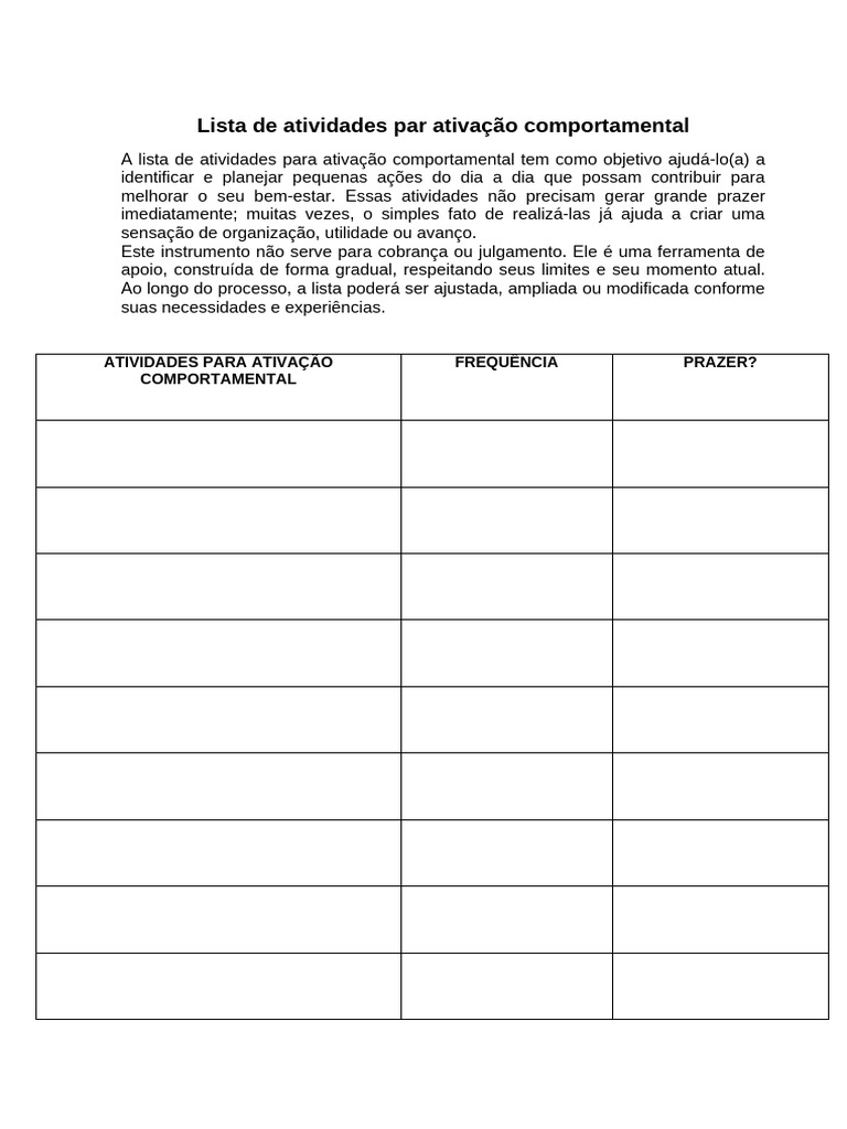 Lista de Atividades Par Ativação Comportamental | PDF