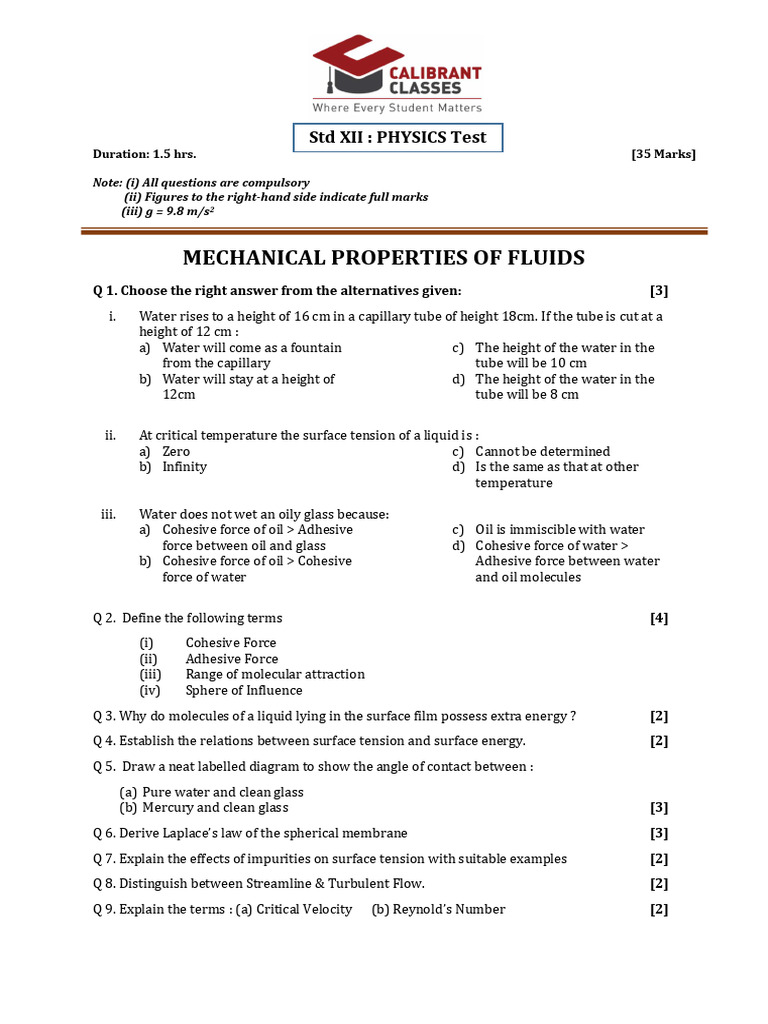 Physics - 2 - Mechanical Properies of Fluids | PDF | Surface Tension ...