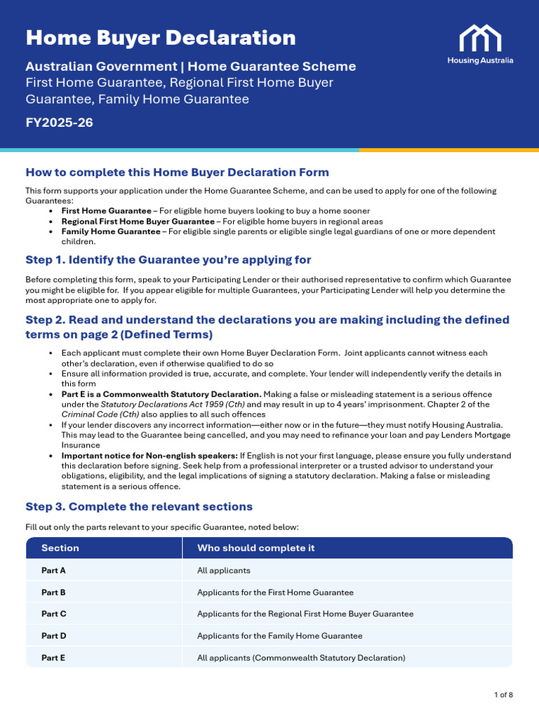 Home Buyer Declaration - Home Guarantee Scheme 1 July 2025 | PDF ...