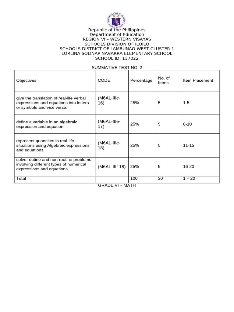 Math_G6_Q3_SumTest #2 | PDF