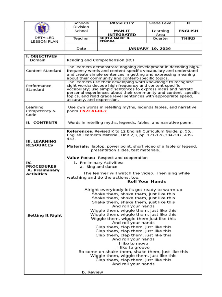 Final Lesson Plan (2) in ENGLISH 2 | PDF | Reading Comprehension | Legends