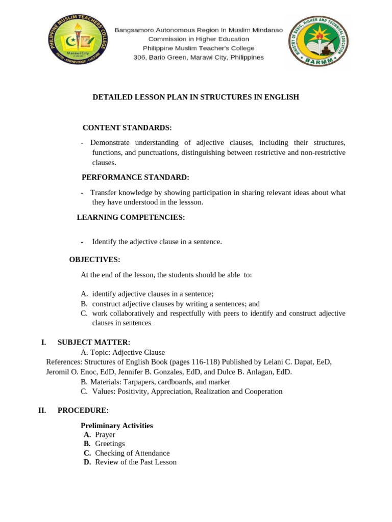 Final. Detailed Lesson Plan | PDF | Clause | Subject (Grammar)