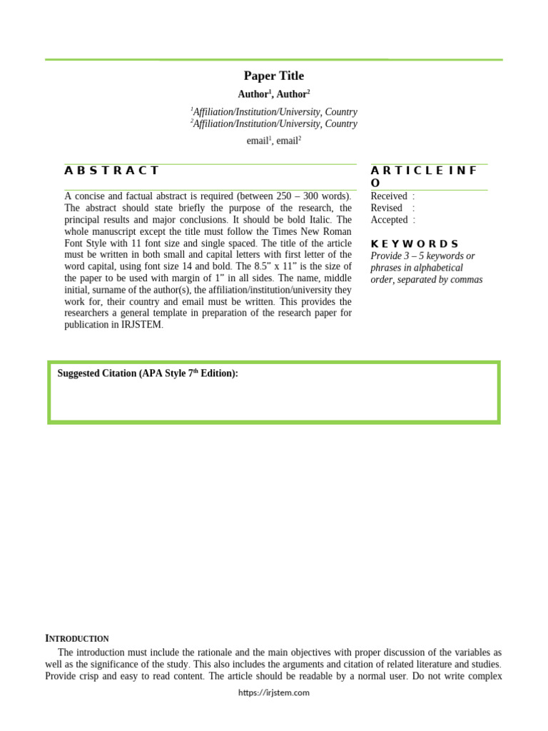 IRJSTEM Paper Template | PDF | Data | Abstract (Summary)