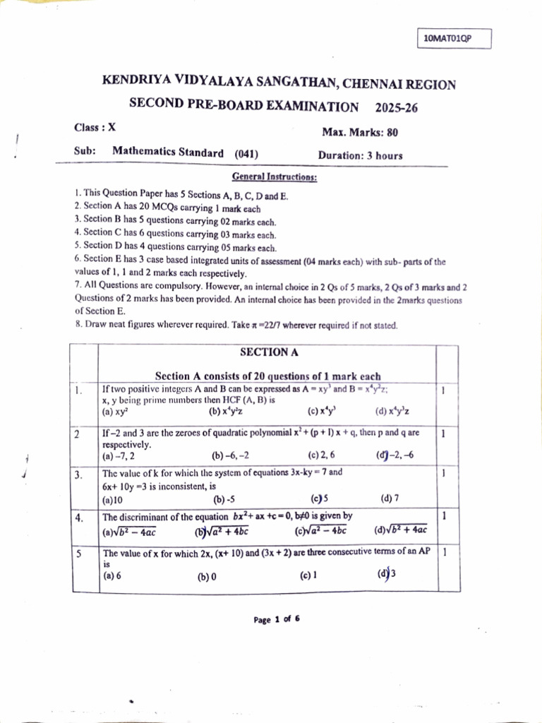 KV Second Pre Board - Maths | PDF