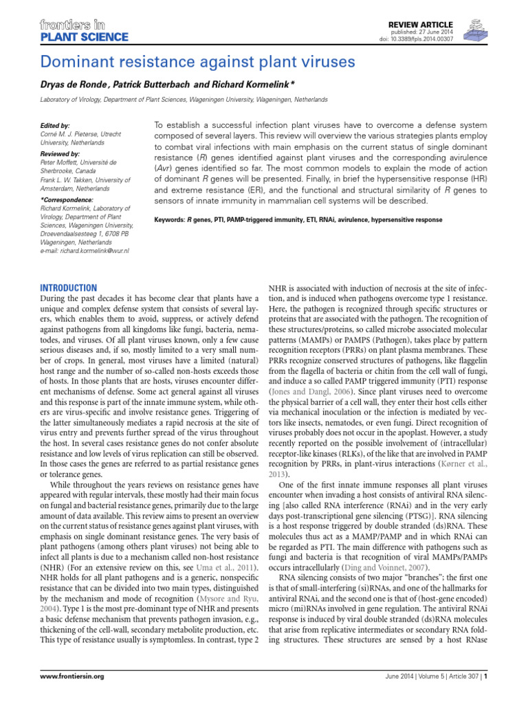 Dominant Resistance Against Plant Viruses | PDF | Rna Interference | Rna