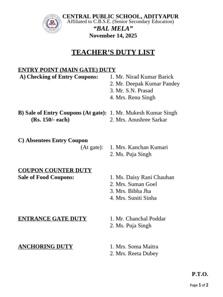 Bal Mela 2025 Duty List | PDF