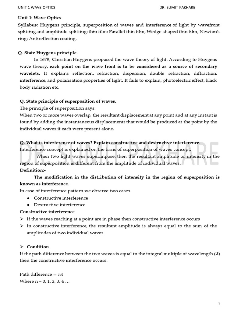 Notes Unit 1 Wave Optics | PDF | Optics | Coherence (Physics)
