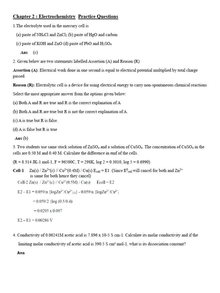 Ch2 - Electrochemistry Practice Questions | PDF | Ion | Physical Chemistry