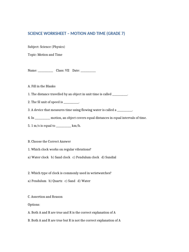Grade 7 Science Worksheet Motion and Time | PDF | Clock | Speed