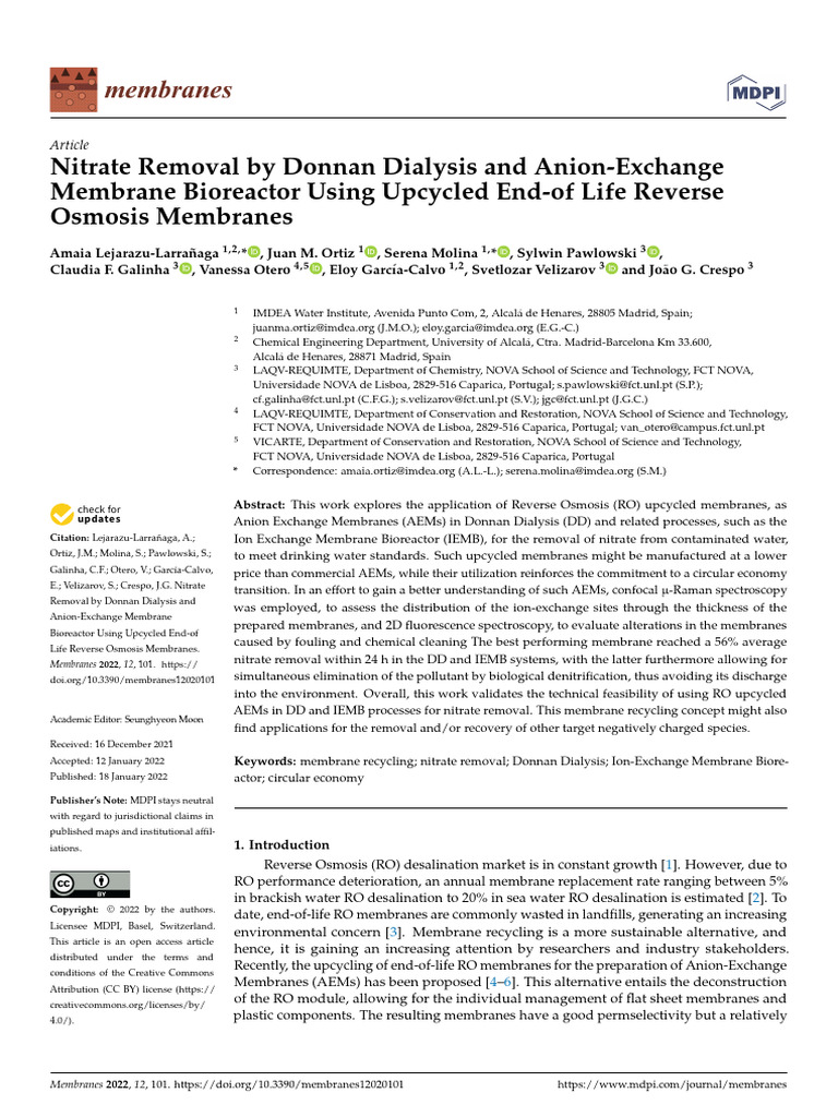 Nitrate Removal by Donnan Dialysis and Anion-Exchange | PDF | Membrane ...