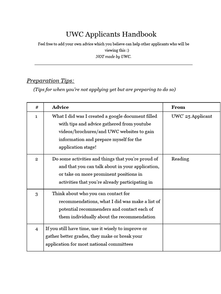 UWC Applicants Handbook (1) (1) | PDF | Essays | Thought