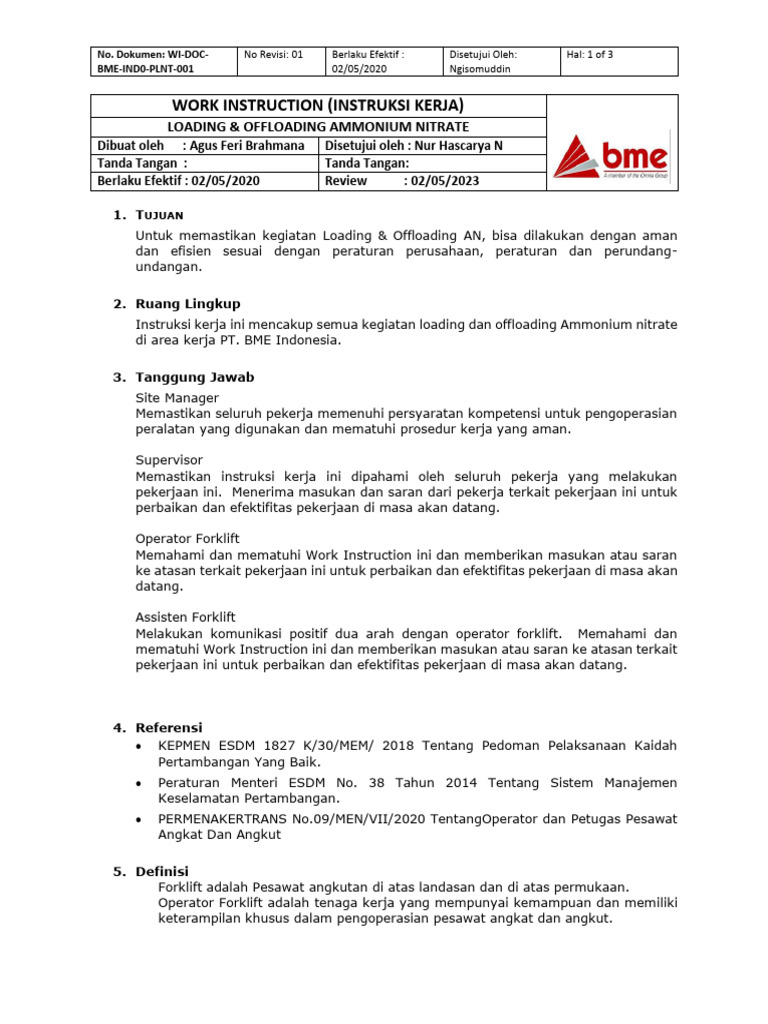WI-DOC-BME-InD0-PLNT-001 Loading & Offloading Ammonium Nitrate | PDF