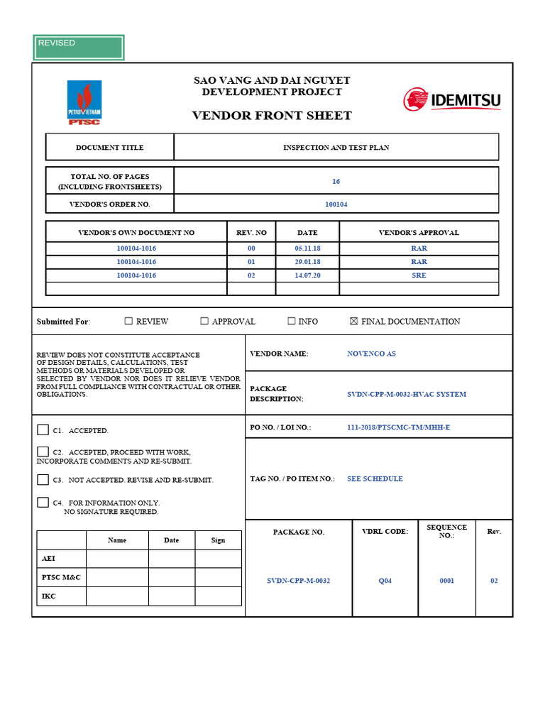 SVDN CPP M 0032 Q04 0001 Rev.02 Inspection and Test Plan | PDF ...