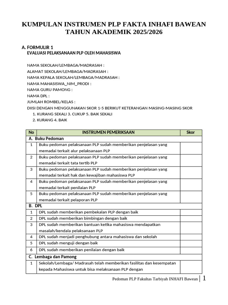 Form Instrumen PLP Fakta Inhafi Bawean 2025-2026 | PDF