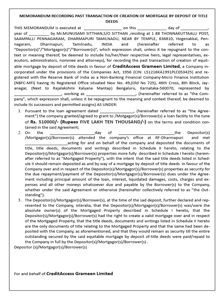 (Merge) Memorandum of Deposit of Title Deeds (Memorandum of Deposit o ...