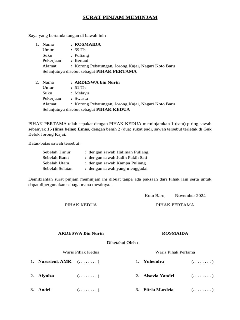 Surat Pinjam Meminjam Rosmaida | PDF