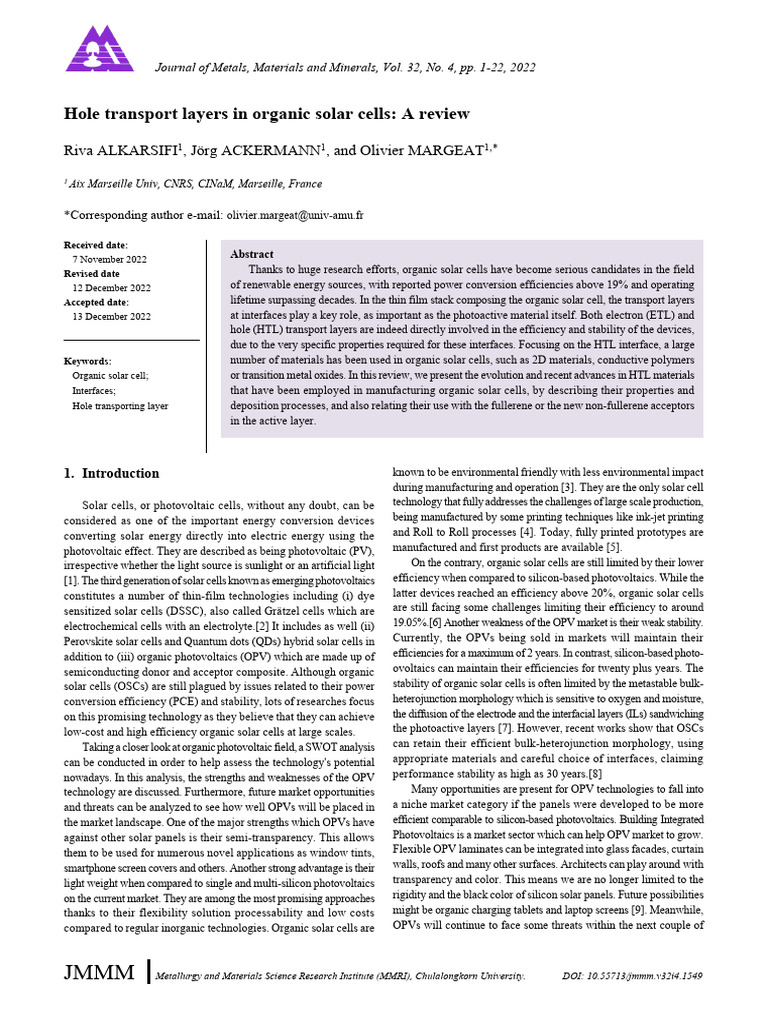 Hole Transport Layers in Organic Solar Cells A Review | PDF | Solar ...