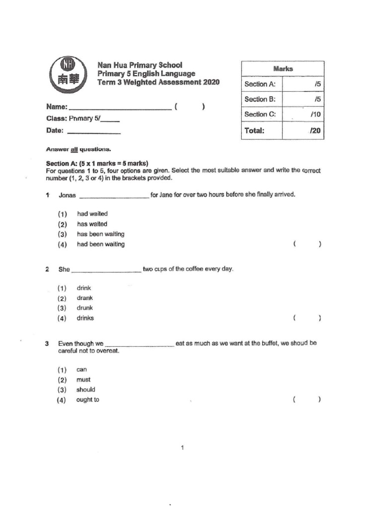 P5 English CA2 2020 Nan Hua Exam Papers | PDF