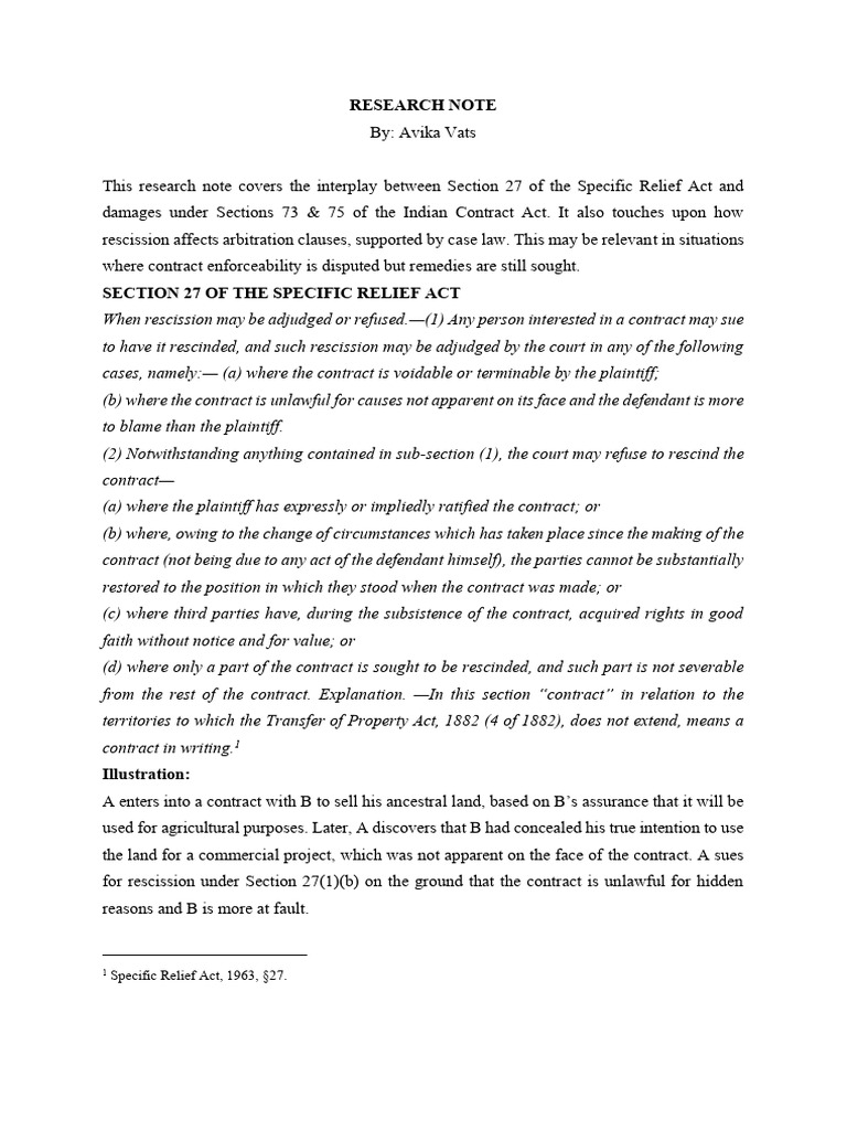 Section 27 of The Specific Relief Act | PDF | Misrepresentation ...