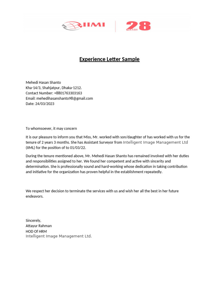 Experience Letter Sample | PDF