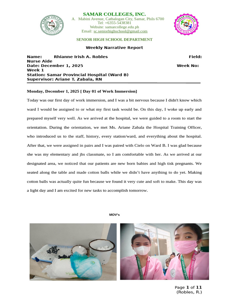 Weekly Narrative Report ROBLES, R. | PDF | Medicine | Medical Specialties