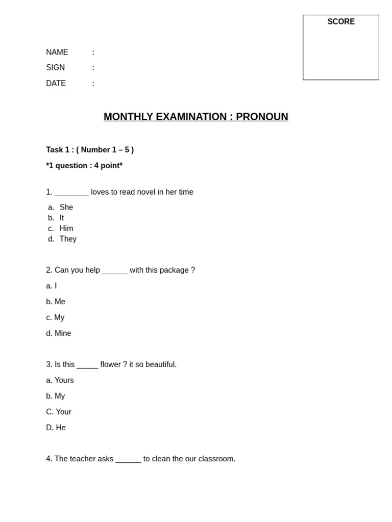 Pronoun Exam | PDF | Language Mechanics | Linguistic Typology