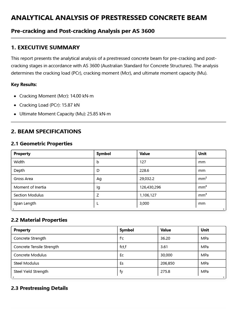 Prestressed Beam Analysis - Pre-cracking and Post-cracking Stages (AS ...
