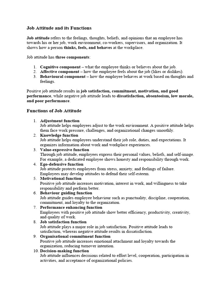Job Attitude and Its Functions | PDF | Attitude (Psychology) | Job ...
