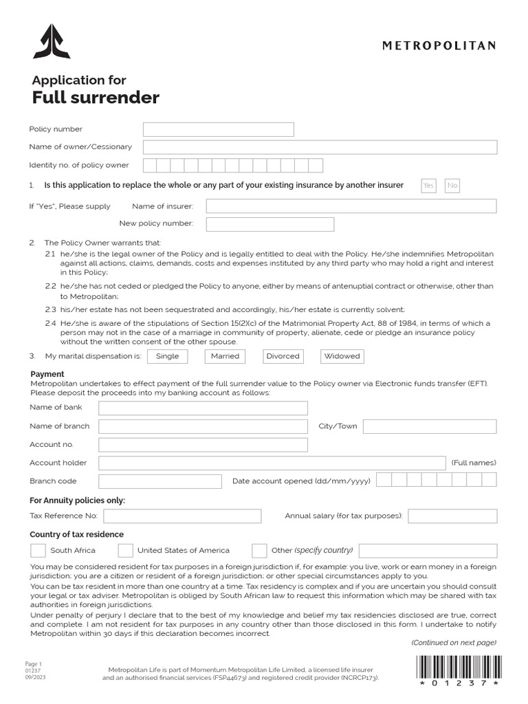 Full Surrender Form - SEPT 2023 | PDF | Insurance | Justice