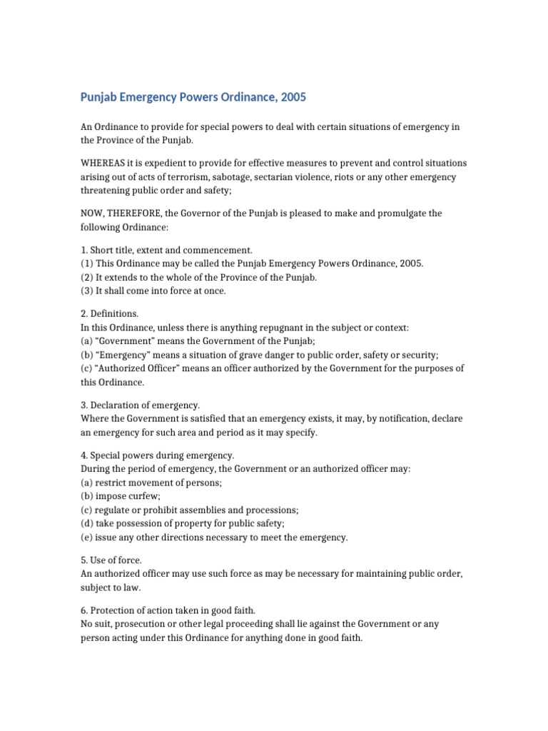 Punjab Emergency Powers Ordinance 2005 | PDF