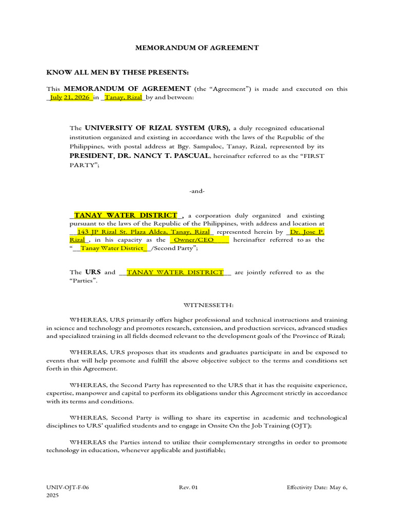 New Template MOA (OJT) 2025 (Sample) | PDF | Indemnity | Common Law