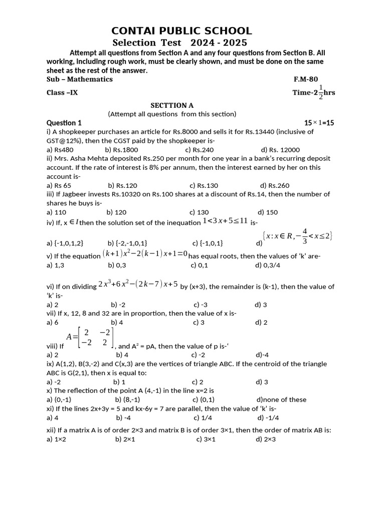 Icse Class 10 Selection Test 24 25 | PDF