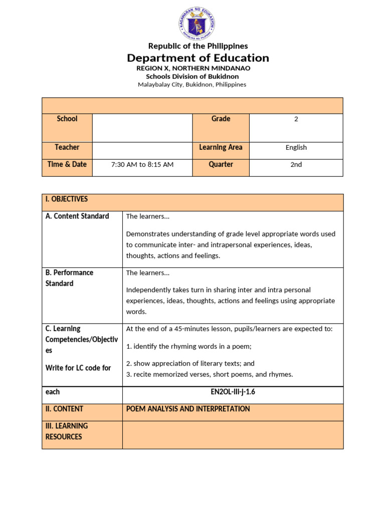 Detailed Lesson Plan in Elementary | PDF | Classroom | Poetry