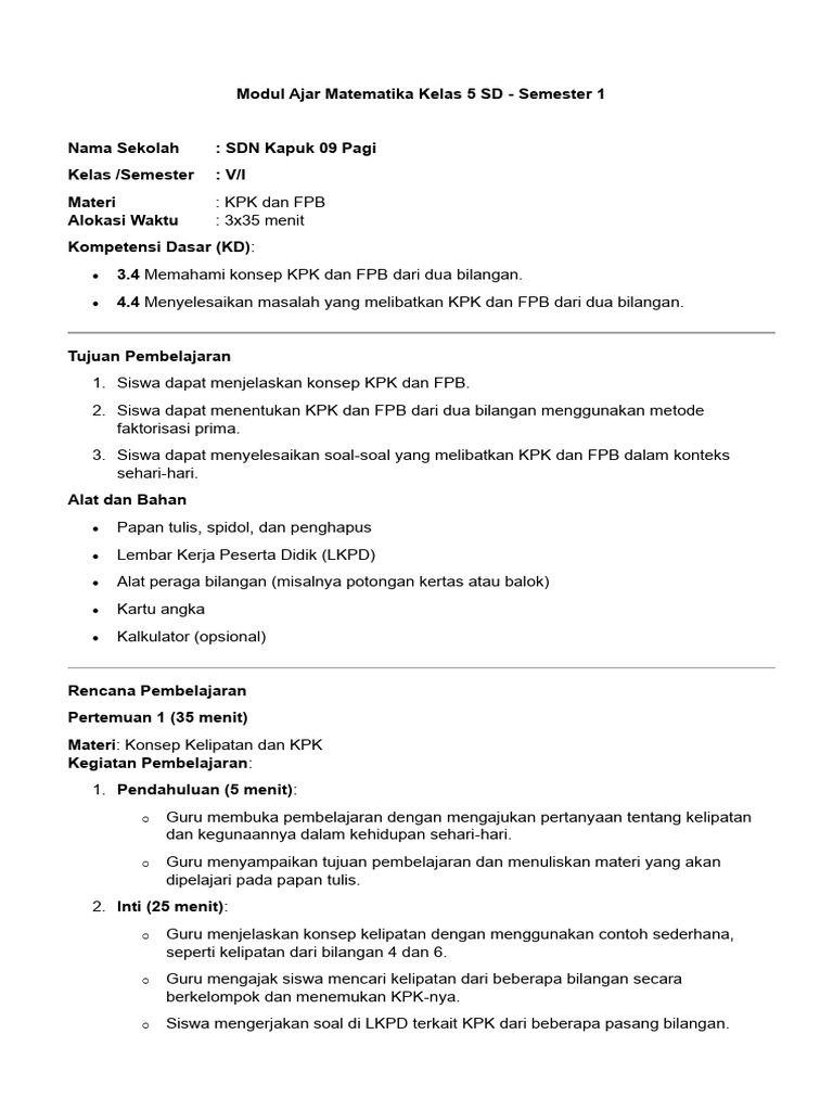 Modul Ajar Matematika Kelas 5 SD | PDF