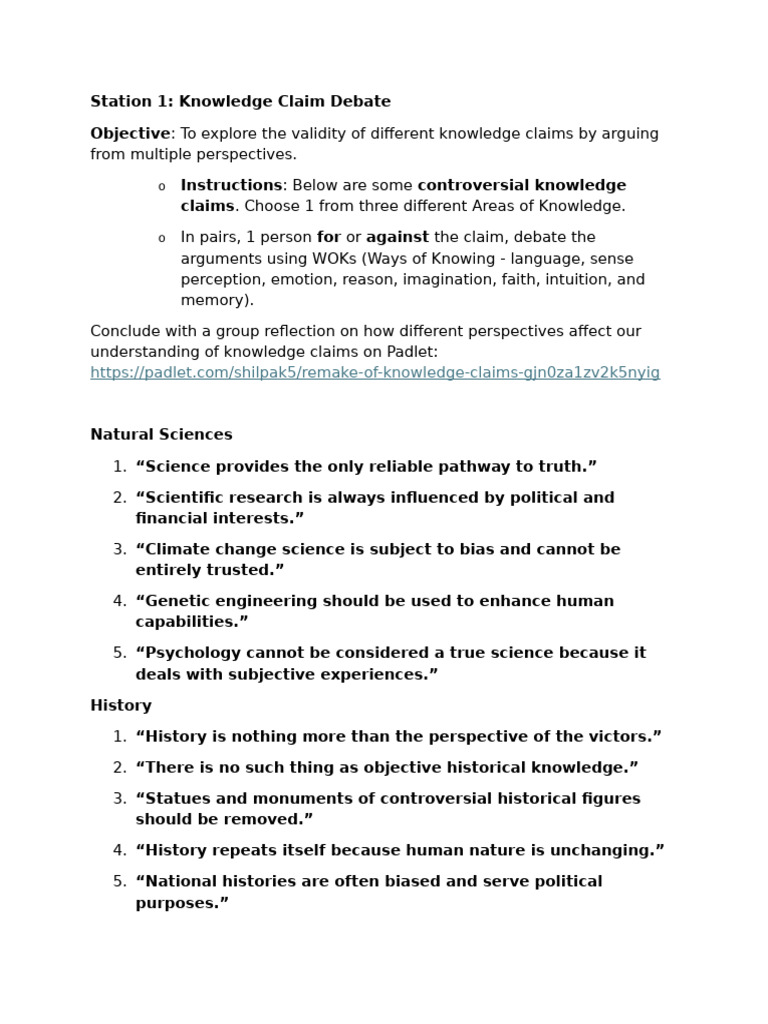 6. Station 1 TOK Claims and Perspectives | PDF | Knowledge | Morality