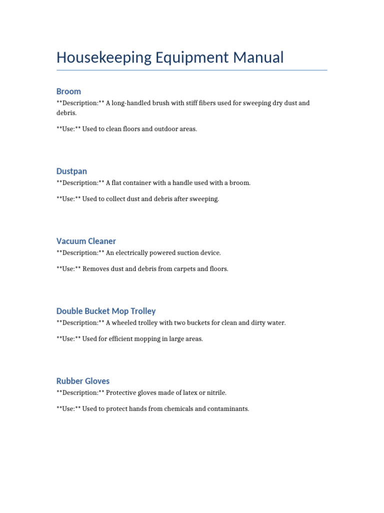Housekeeping Equipment Manual AI | PDF