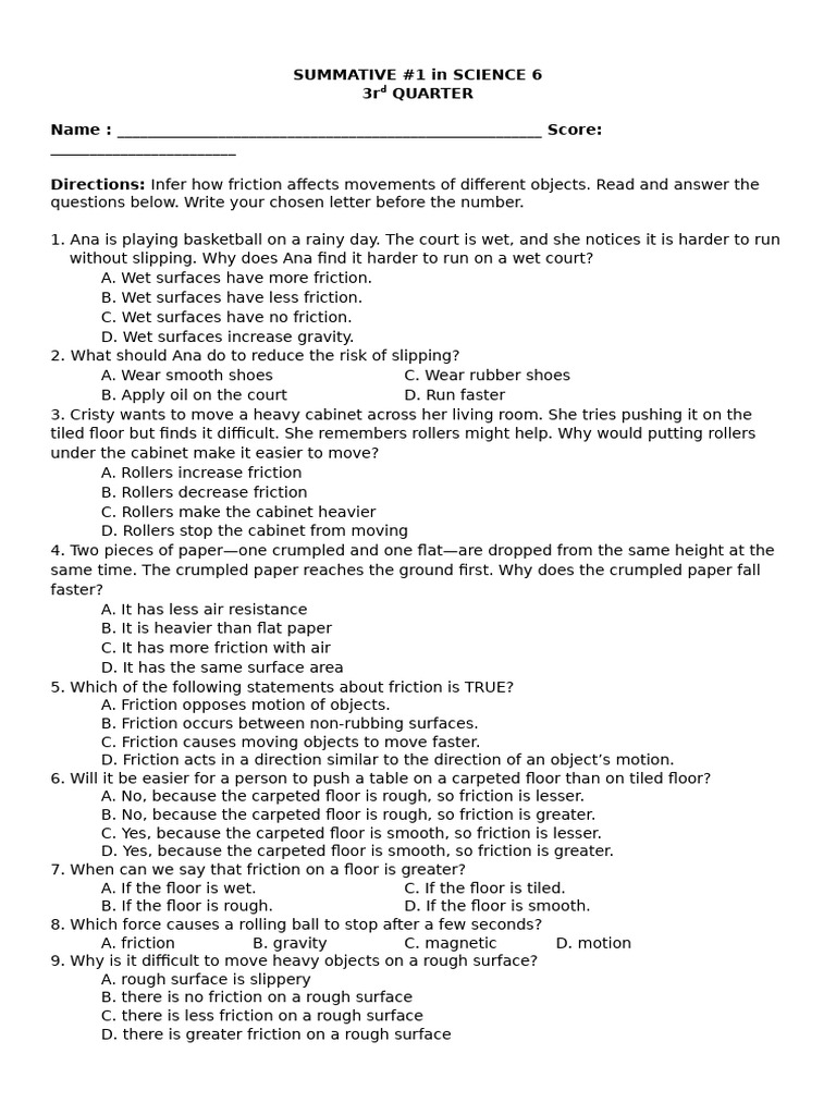 1st Summative in Science 6 Q3 | PDF | Friction | Force