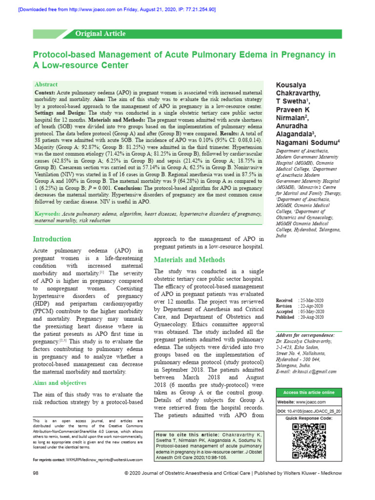 Protocol-Based Management of Acute Pulmonary Edema | PDF | Pregnancy ...
