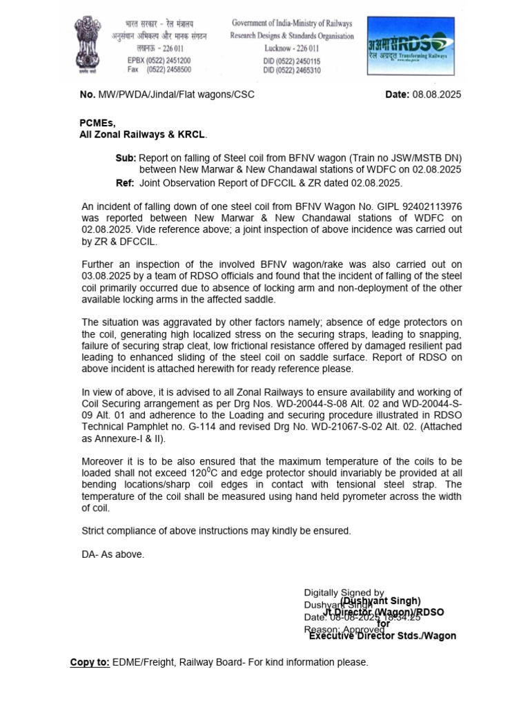 SLetter to ZRs and KRCL Regarding Incident of Steel Coil Falling in ...