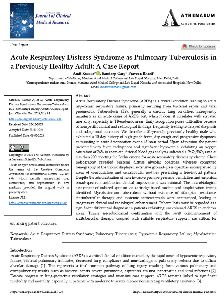 Acute Respiratory Distress Syndrome as Pulmonary Tuberculosis in a ...