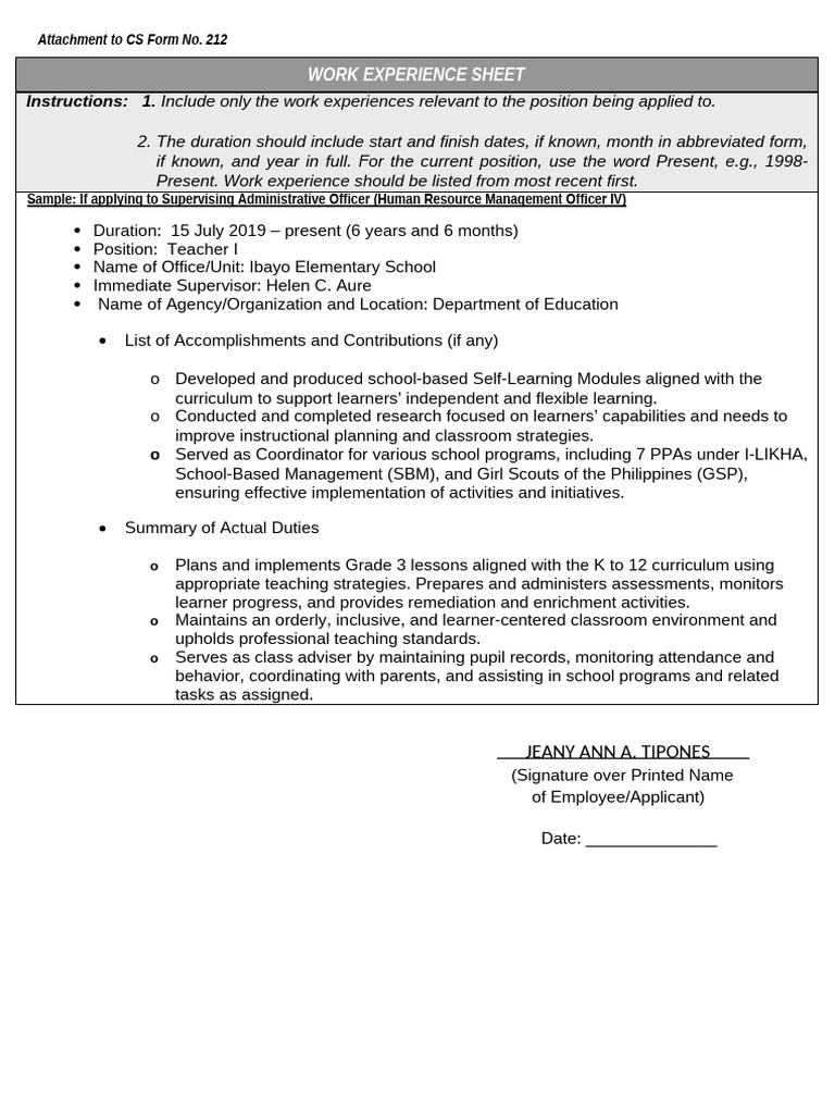 ANNEX H 2 CS Form No. 212 Attachment Work Experience Sheet | PDF ...