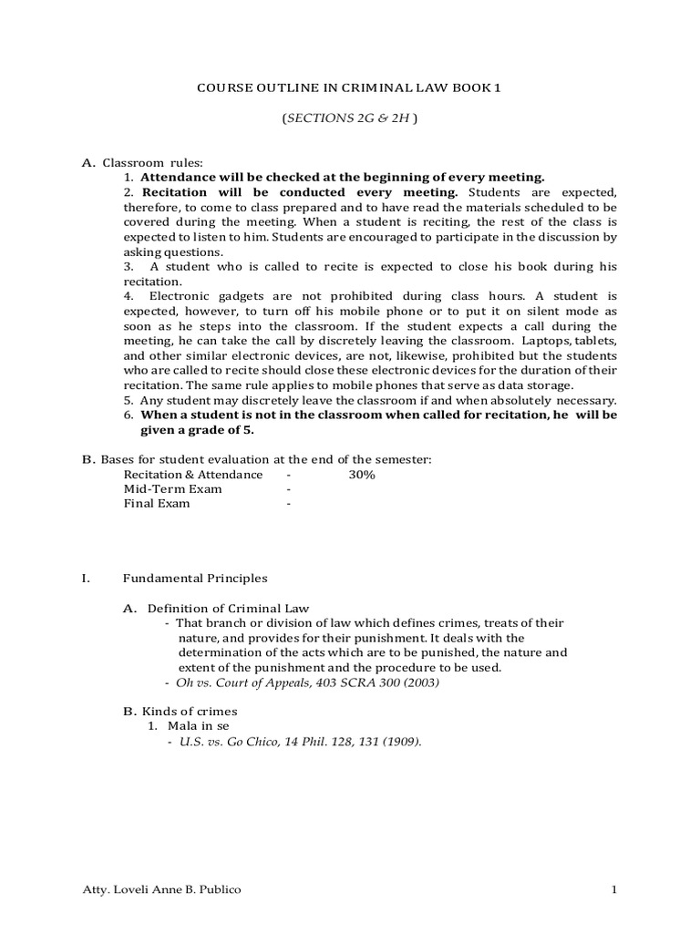 Course Outline RPC Book 1 | PDF | Criminal Law | Public Law
