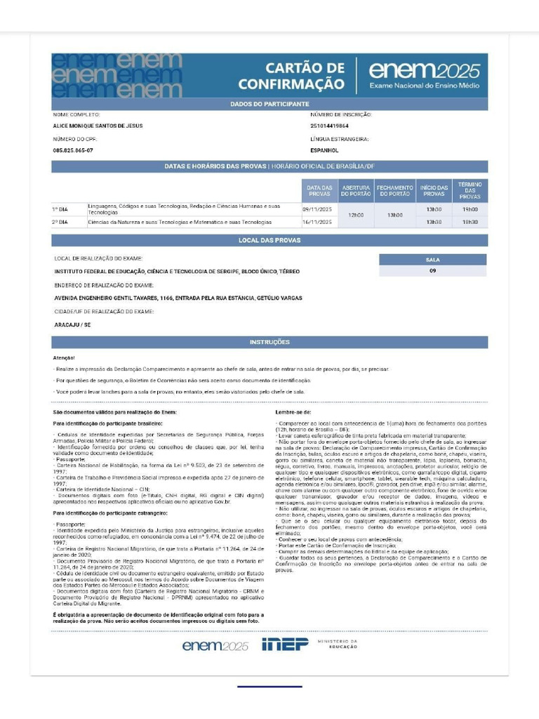 Imagem Da Declaração e Do Comprovante de Inscrição Enem Data 16 | PDF