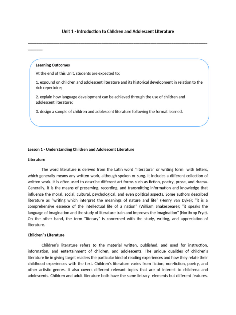 Unit 1 - Lesson 1 Introduction To Children and Adolescent Literature ...
