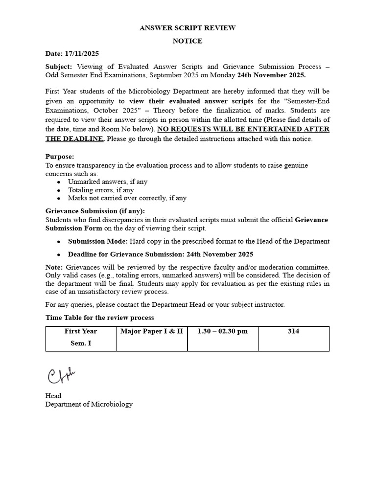 Microbiology Departmental FY Answer Script Review Process Notice and ...